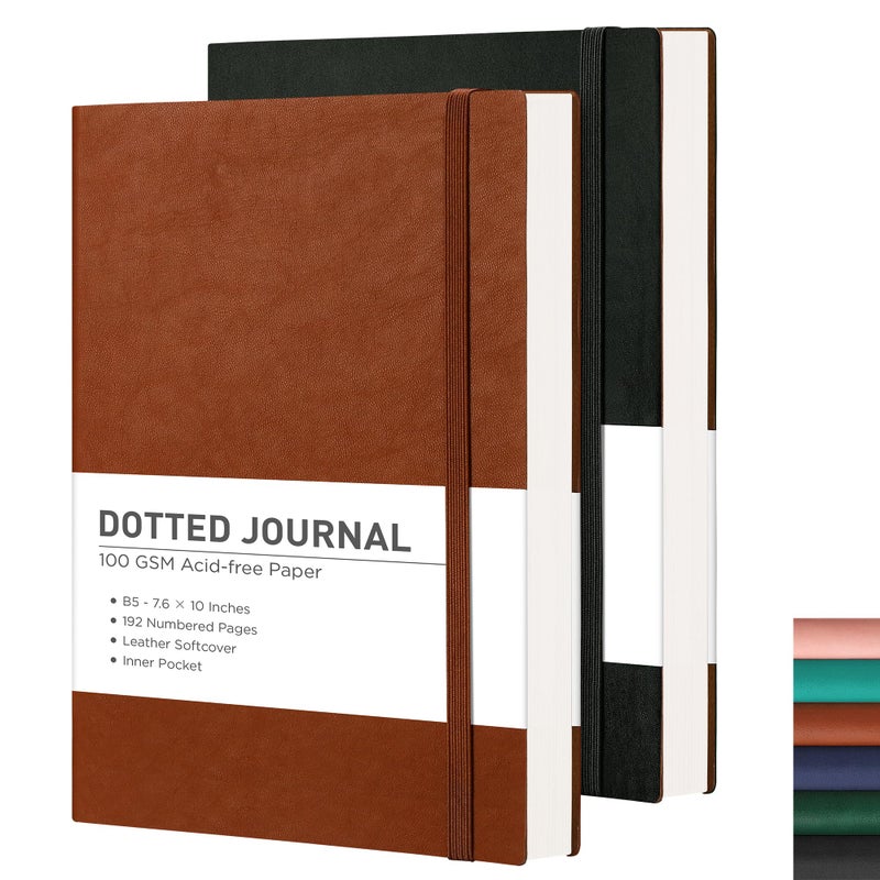 RETTACY Bullet Dotted Journal Notebook, 2-Pack, 192 Numbered Pages per Pack, B5 Medium Size (7.6'' Ã— 10''), Leather Softcover, 100 GSM Thick Paper, for Bullet Journaling (Black & Brown) - Image 1